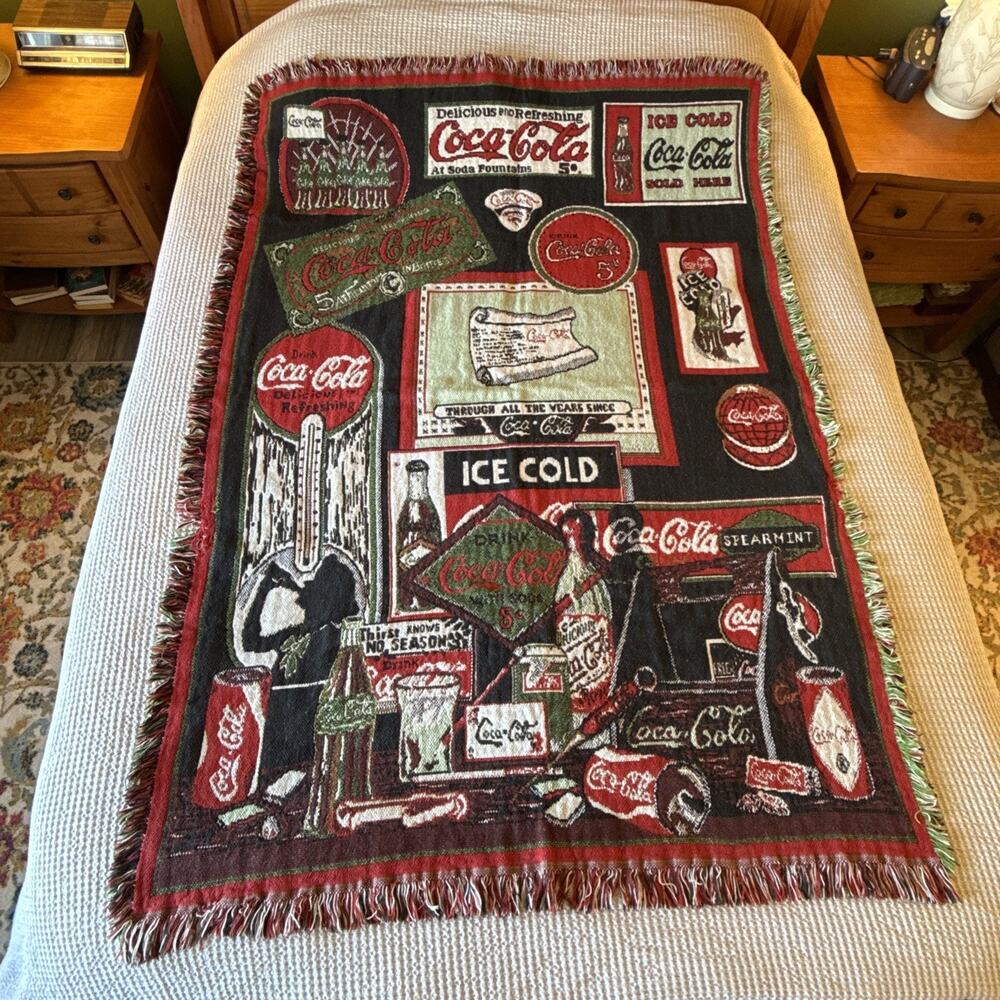 Coca Cola Advertisement Afghan Throw Blanket Tapestry Fringes 67”x47” Rare